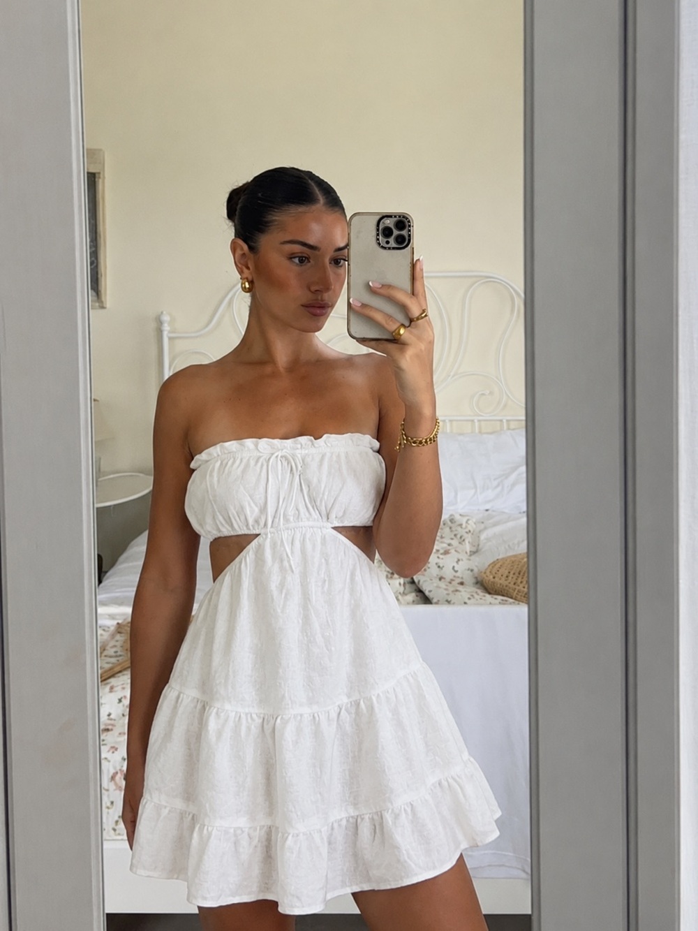 Sabo Skirt White Cotton Strapless Mini Dress with Side Cutouts Small Cottage